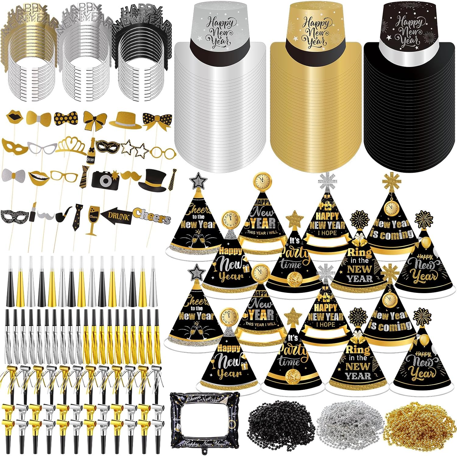 328 Pcs New Years Eve Party Supplies Set 2027 for 48 People Include Top Hats Cone Hats Headband Tiara Horns Noise