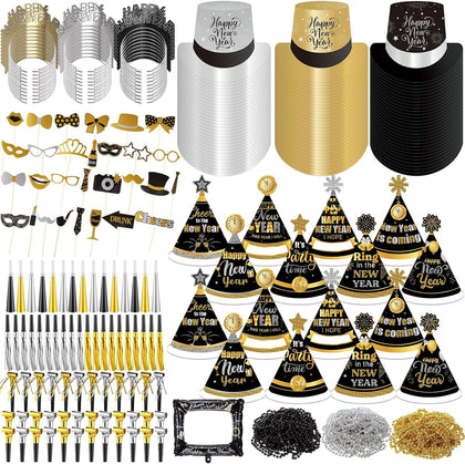 328 Pcs New Years Eve Party Supplies Set 2027 for 48 People Include Top Hats Cone Hats Headband Tiara Horns Noise