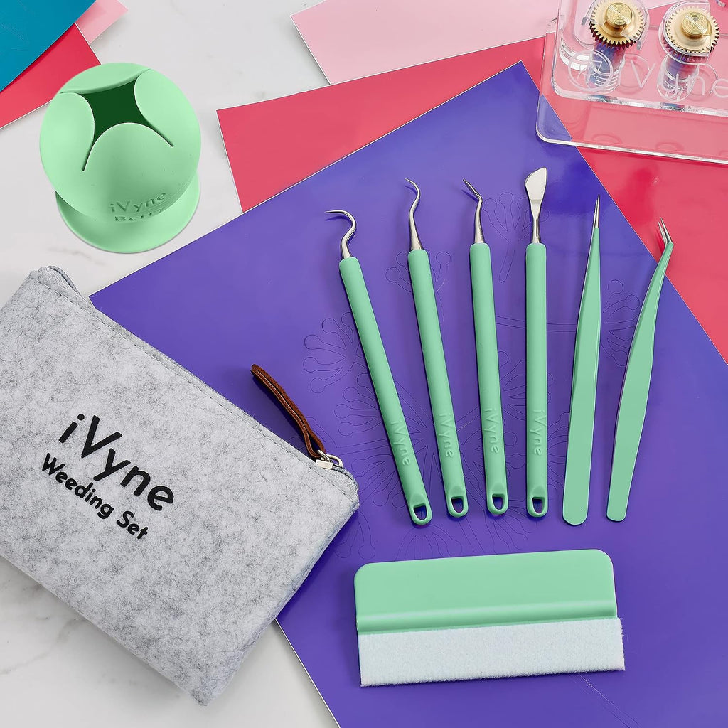 (8pcs) Premium Vinyl Weeding Tool Kit & Weeding Scrap Collector Soft Grip Tools with Berry, Weeder, Tweezers, Picker