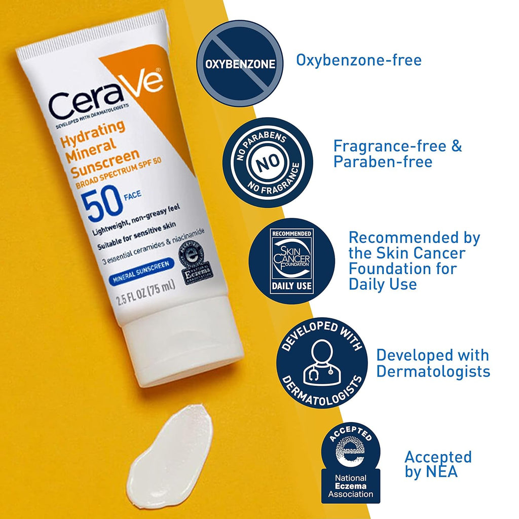 100% Mineral Sunscreen SPF 50, Face sunscreen With Zinc Oxide & Titanium Dioxide, Hyaluronic Acid + Niacinamide +