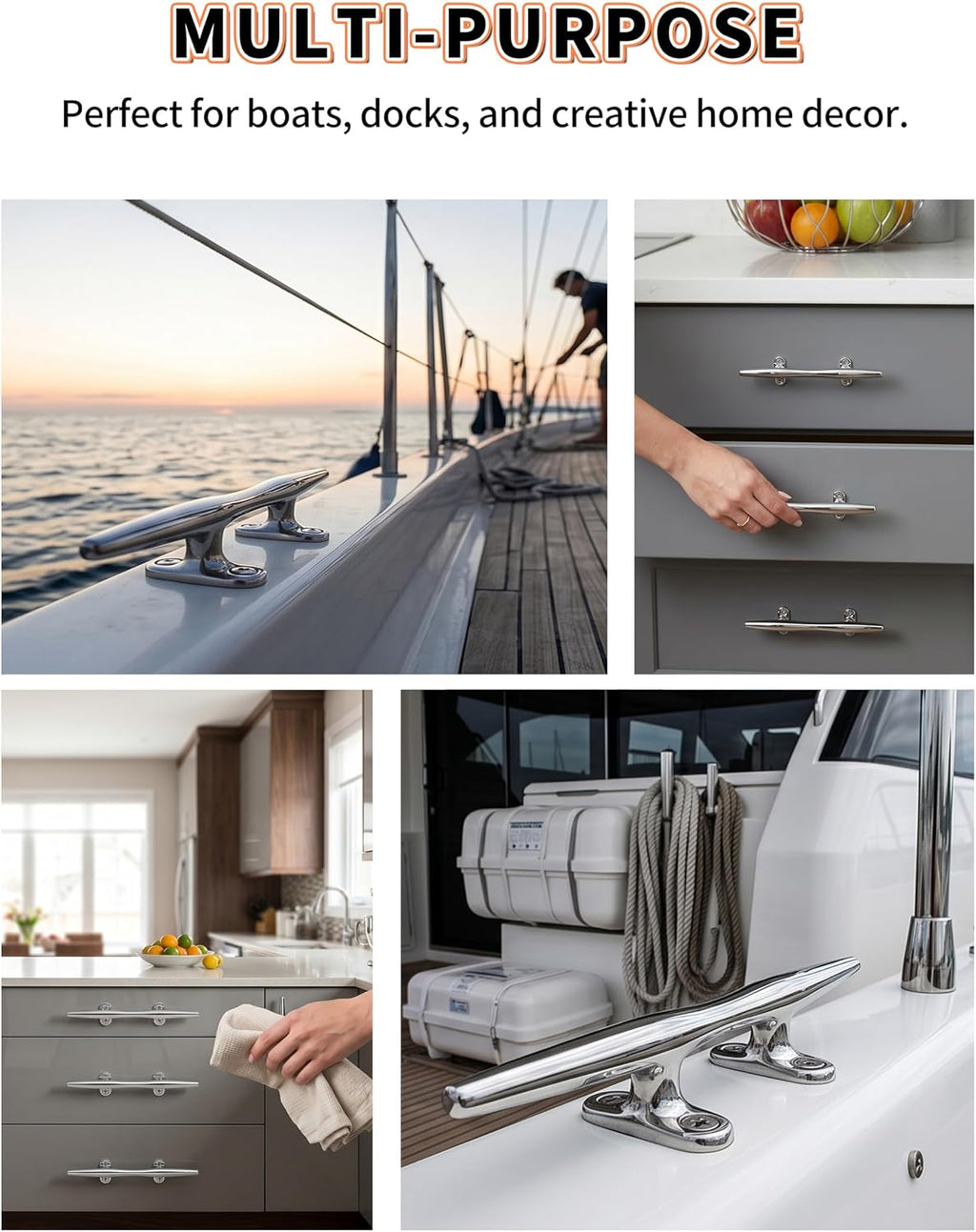 OULEME 4" 5" 6" 8" Boat Cleat, 316 Stainless Steel Open Base Dock Cleat, Marine Grade Rope Cleat with Fasteners for Deck Mooring and Nautical Decor, 2-Pack/4-Pack