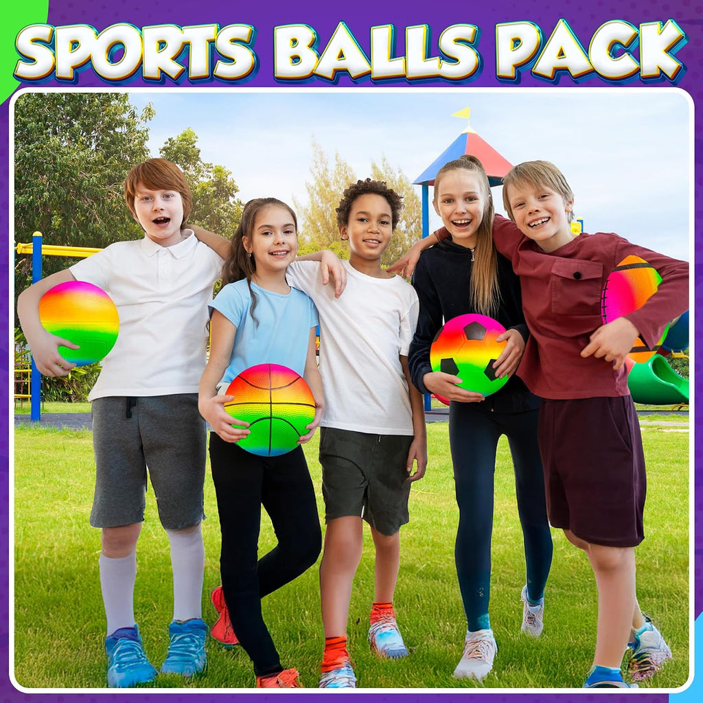 Rainbow Sports Balls for Kids & Toddlers - (Pack of 4) 8.5-Inch Neon Sport Ball Set Includes Football, Soccer