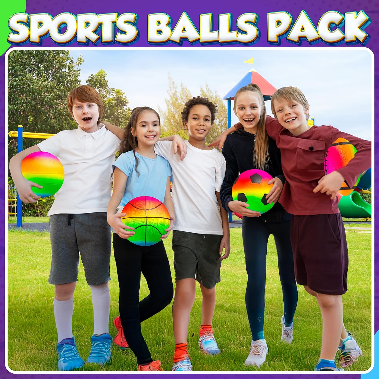 Rainbow Sports Balls for Kids & Toddlers - (Pack of 4) 8.5-Inch Neon Sport Ball Set Includes Football, Soccer