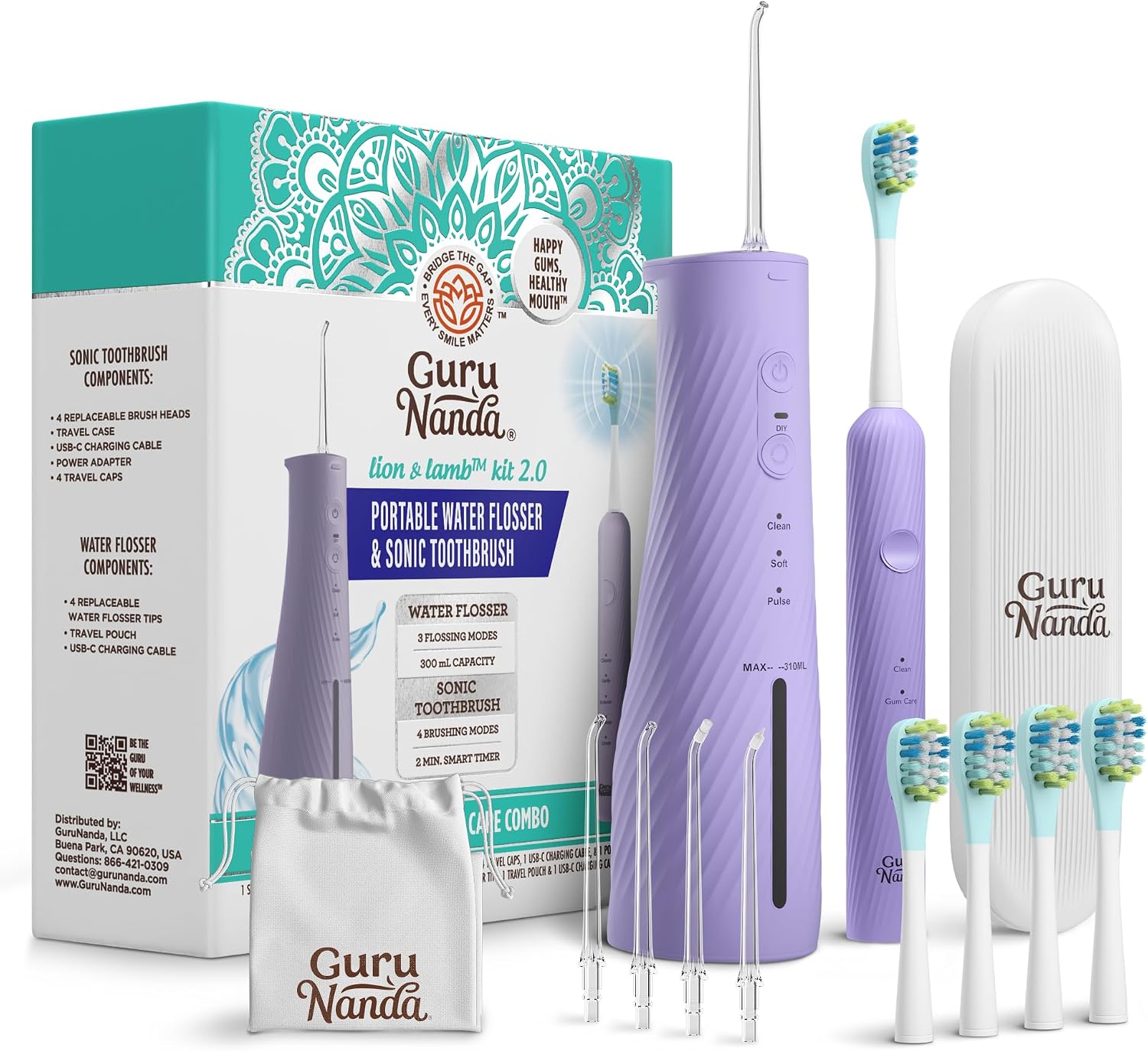 Lion & Lamb Kit 2.0, Electric Toothbrush with Water Flosser Combo, 4 Jet Tips, 4 Brush Heads, & IPX7 Waterproof