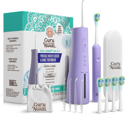 Lion & Lamb Kit 2.0, Electric Toothbrush with Water Flosser Combo, 4 Jet Tips, 4 Brush Heads, & IPX7 Waterproof