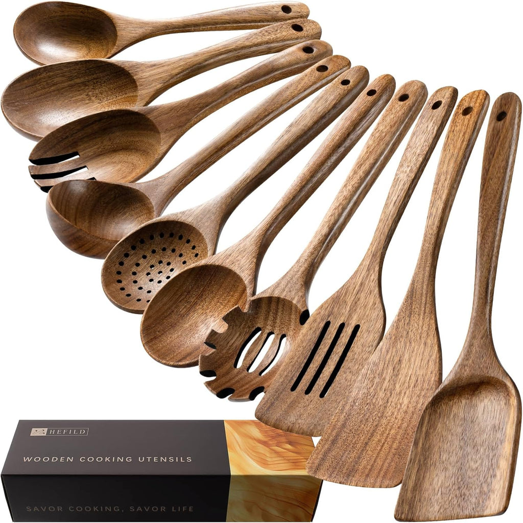 Wooden Spoons for Cooking, Nonstick Cooking Utensil Set with 10 Piece Acacia Wooden Spatulas and Spoons for Cooking