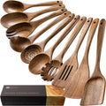 Wooden Spoons for Cooking, Nonstick Cooking Utensil Set with 10 Piece Acacia Wooden Spatulas and Spoons for Cooking