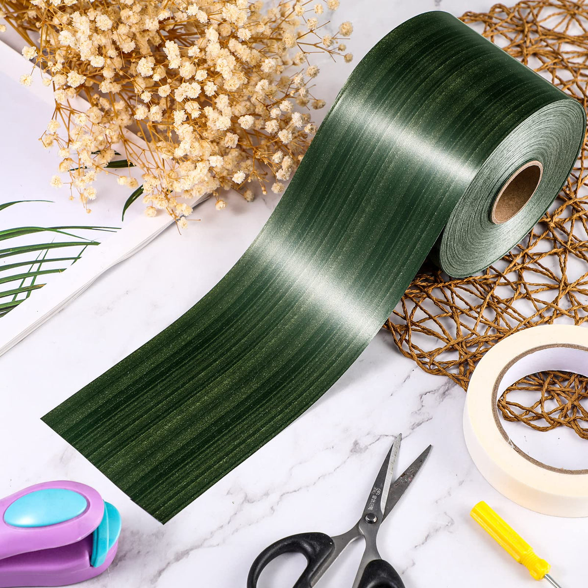Aspidistra Leaf Ribbon,4 Inch x 100 Yards,Green Leaf,Dark Green