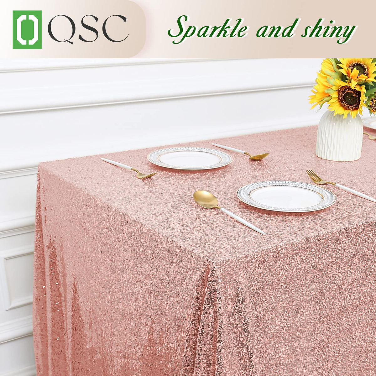 OQSQ Rosegold Sequin Tablecloth 50x80 inch, Glitter Drape Table Cloth, Sparkle Sequence Table Overlays for