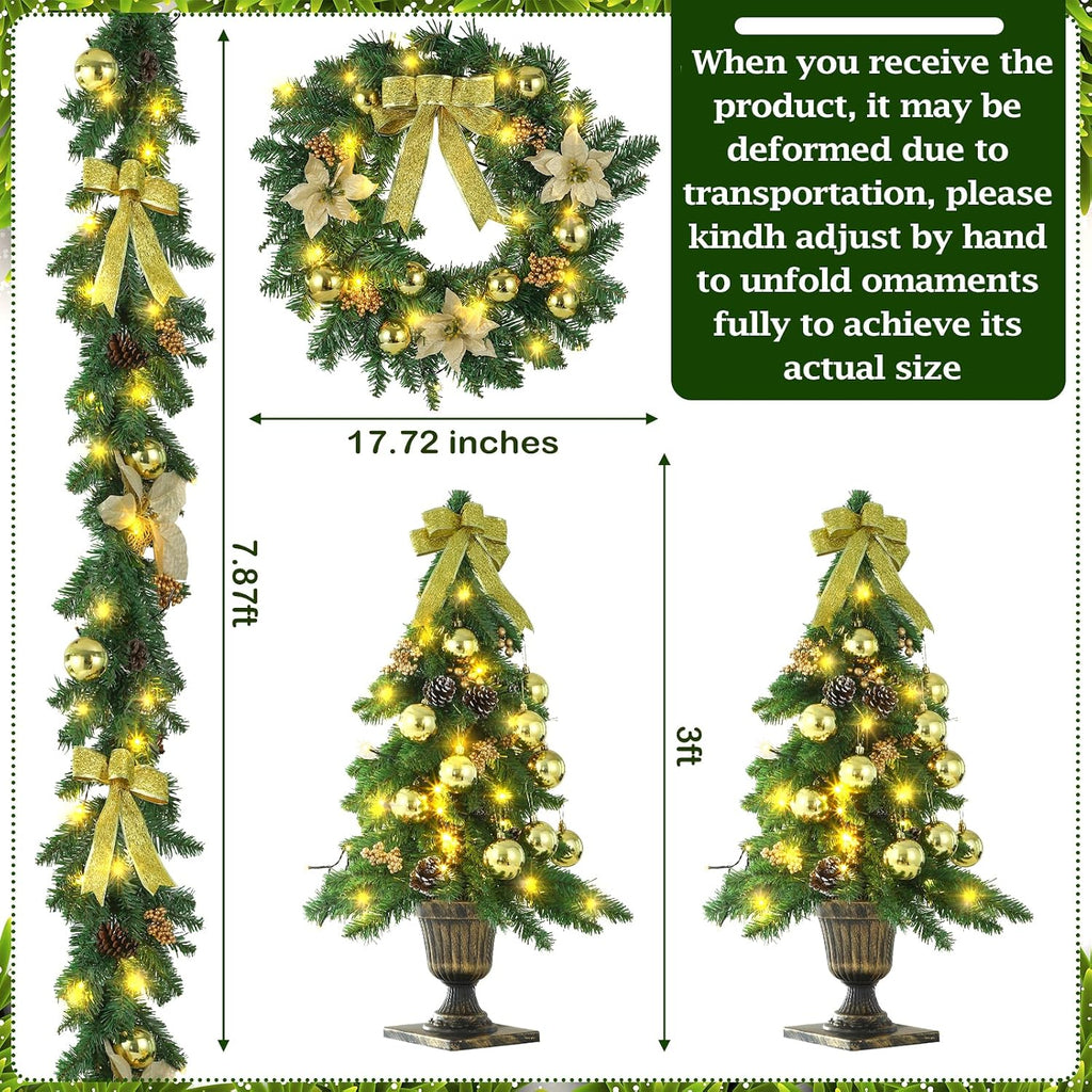 4 Piece Pre Lit Gold Christmas Garland and Wreath Set 3 ft Entrance Trees 17.72" Front Door Christmas Wreath 7.87 ft