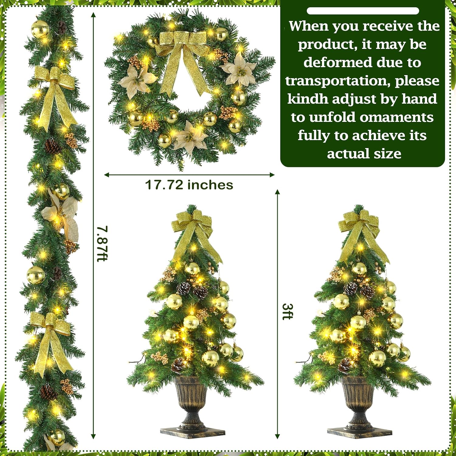 4 Piece Pre Lit Gold Christmas Garland and Wreath Set 3 ft Entrance Trees 17.72" Front Door Christmas Wreath 7.87 ft