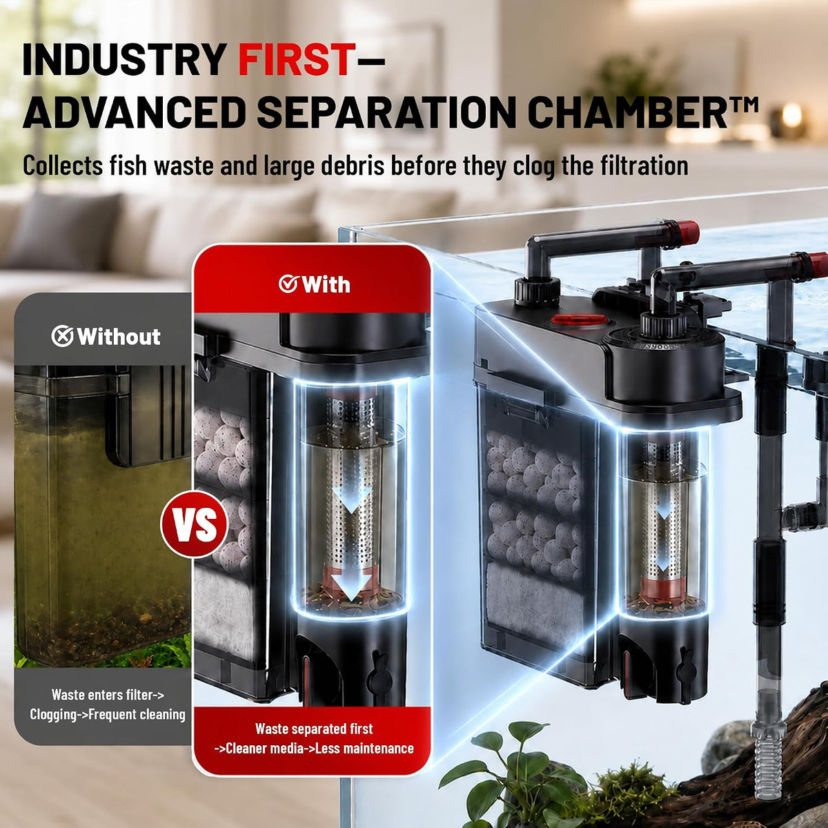 HOB Aquarium Filter, Quiet Fish Tank Filter with Dedicated Waste Separation Canister, Easy Change Water, One-Touch