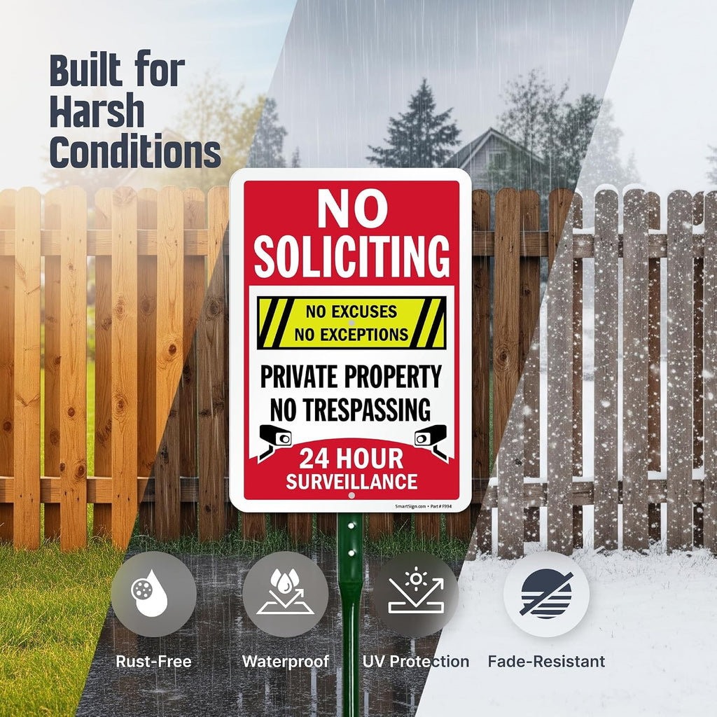 10" x 7" No Soliciting No Excuses - Private Property, No Trespassing, 24 Hour Surveillance Yard Sign | 21” Tall Stake