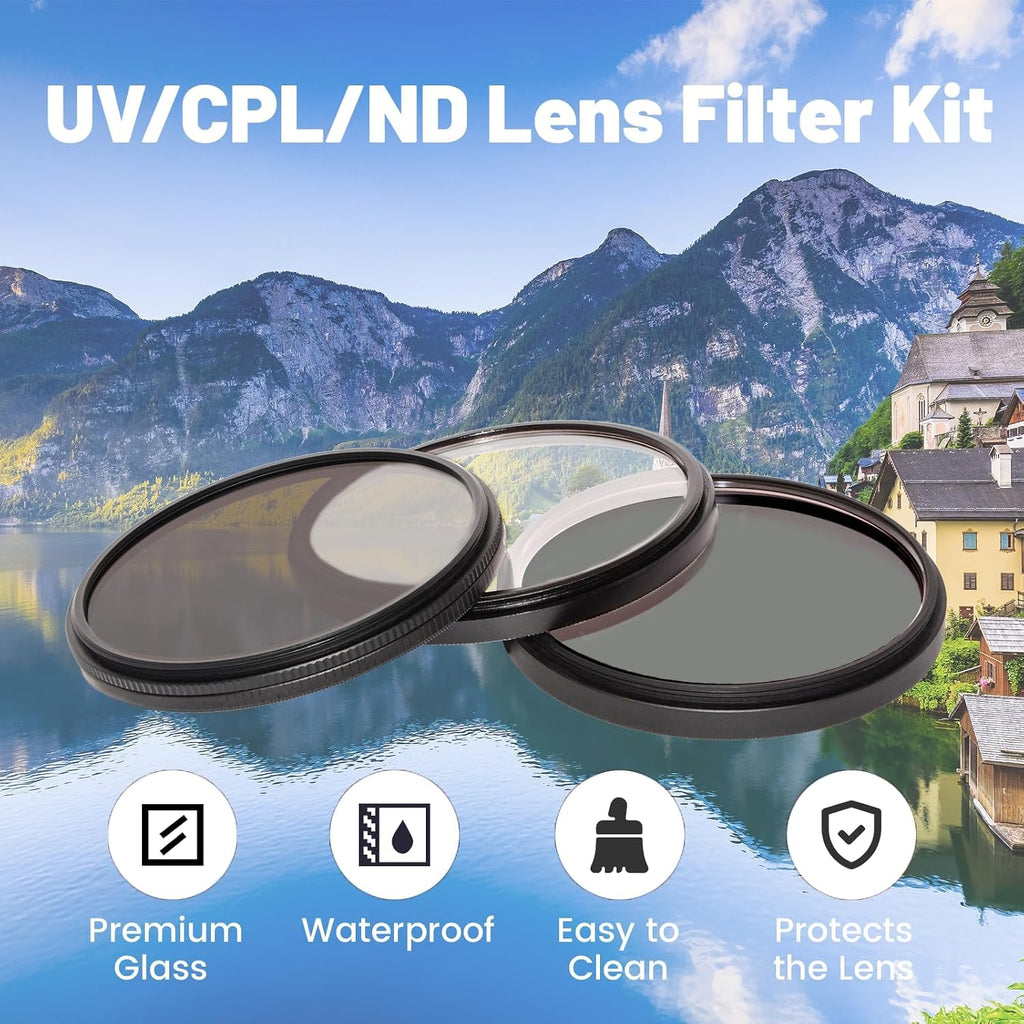67mm Camera Lens Filter Kit with Storage Pouch, HD Optical Glass Multi-Layer Coating UV/CPL/ND8 Screw On Polarizing