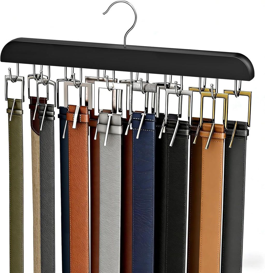 Belt Hanger for Closet Max 42 Belts, Sturdy Wood Belt Rack Closet Accessories with 14 Hooks Belt Organizer for Closet