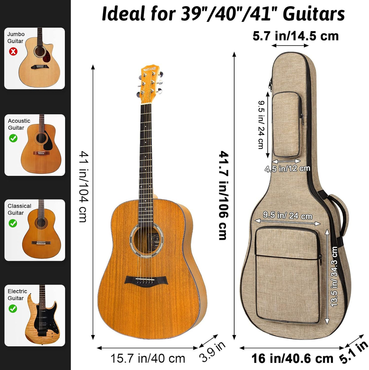 39 40 41 Inch Acoustic Guitar Bag with 0.5 Inch Thick Waterproof Padding Adjustable Shoulder Strap Guitar Case Gig