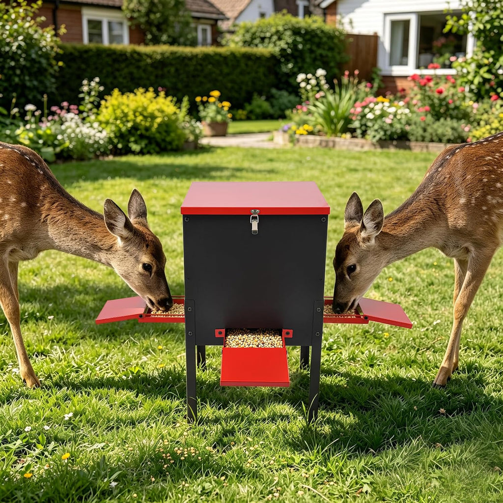 Deer Feeder with 4 Feeding Trays, 100 LBS Gravity Deer Feeder/Red