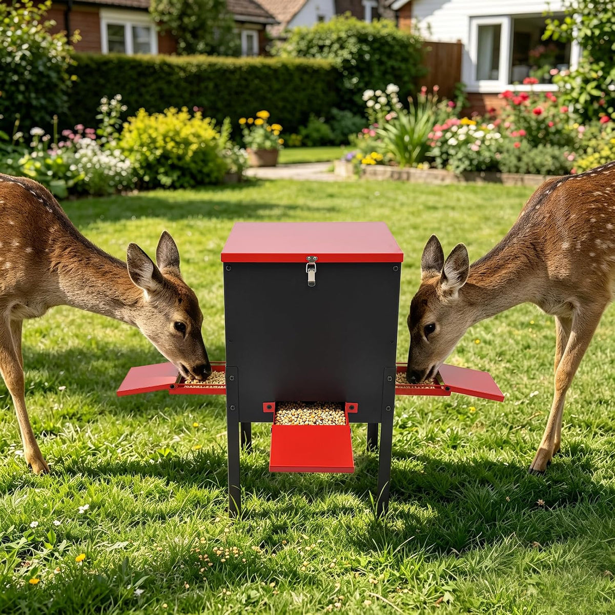 Deer Feeder with 4 Feeding Trays, 100 LBS Gravity Deer Feeder/Red