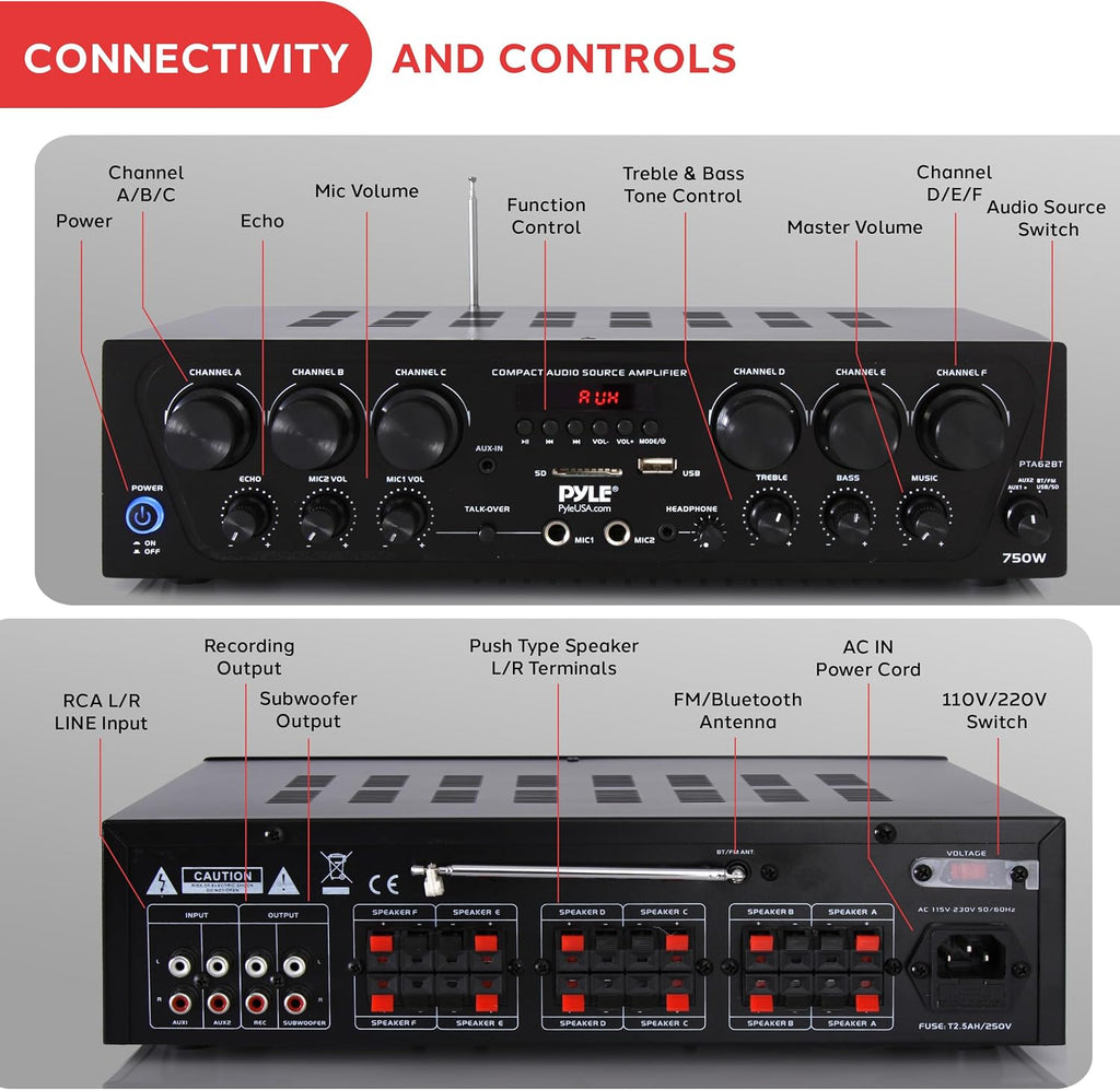 Wireless Bluetooth Karaoke Amplifier - 6 Channel 750W Power, Stereo Receiver Home Audio Amplifier w/USB,AUX