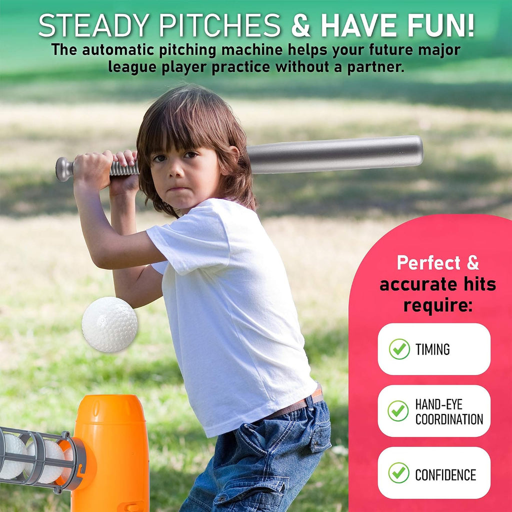 Kids Auto Baseball Pitching Machine Outdoor Toy Set - Training Equipment & Batting Practice Toys for Youth, Includes