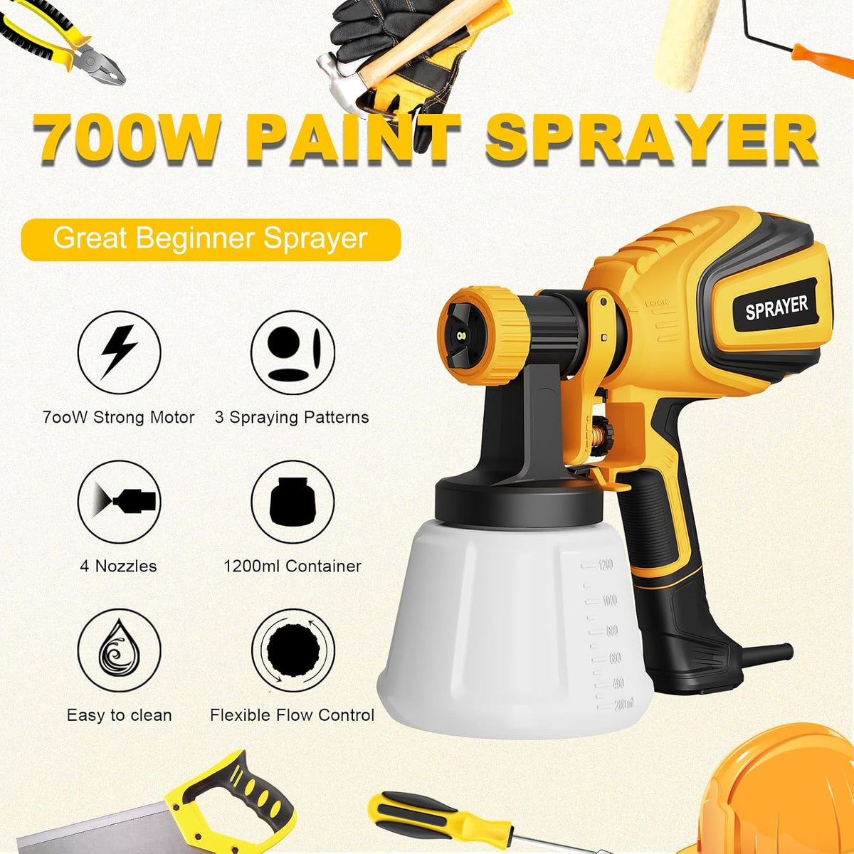 Paint Sprayer, 700W Spray Paint Gun with 4 Nozzles & 3 Patterns