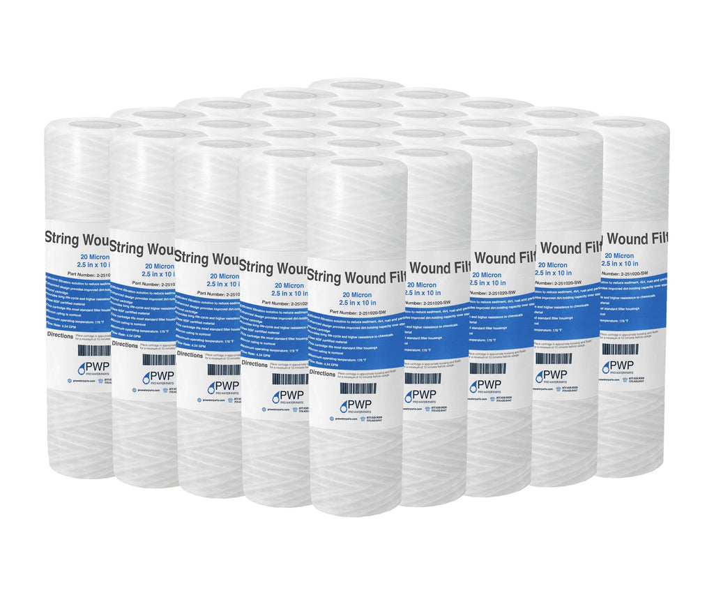 Sediment String Wound Water Filter Cartridge Standard 2.5x10" 20 Micron 25 Pack