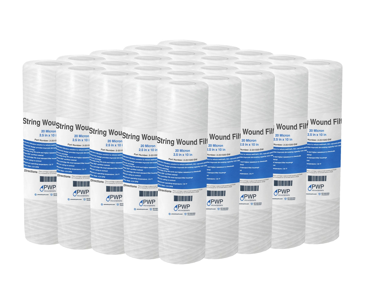 Sediment String Wound Water Filter Cartridge Standard 2.5x10" 20 Micron 25 Pack