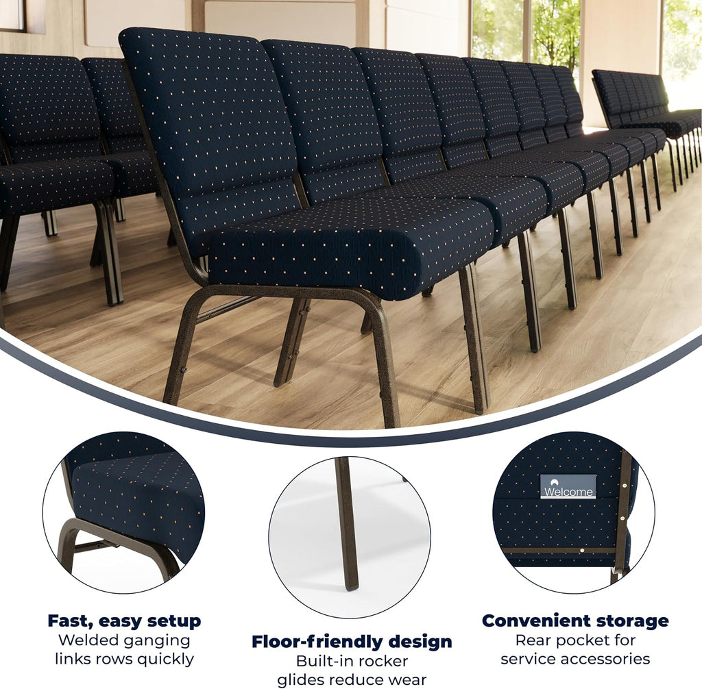 4 Pack HERCULES Series 21''W Stacking Church Chair in Navy Blue Dot Patterned Fabric - Gold Vein Frame