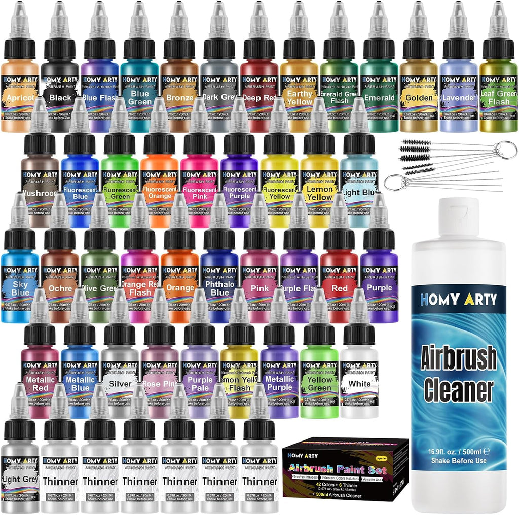Airbrush Paint - 42 Colors with 6 Thinner & 16.9 fl oz Cleaner | with Brushes Airbrush Paint Set, Ready to Spray