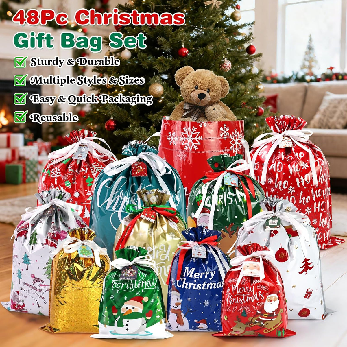 Christmas Gift Bags Bulk 48 Pack,Drawstring Christmas Bags Assorted Sizes