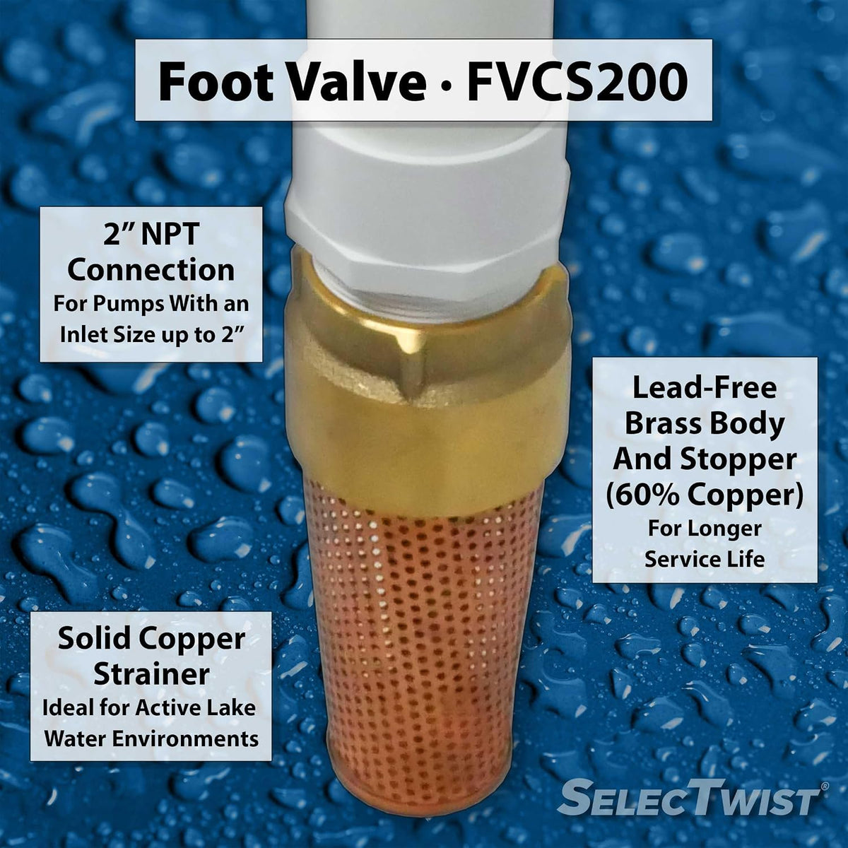 Foot Valve, 2" One-Way with PURE Copper Zebra Mussel Strainer