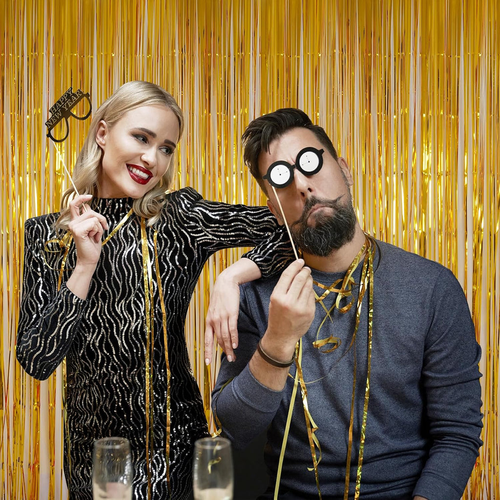 Pure Gold Fringe Curtain Backdrop 3 Pack, 3.2 x 8.2 FT Party Decorations | Graduation Decorations, Birthday Party