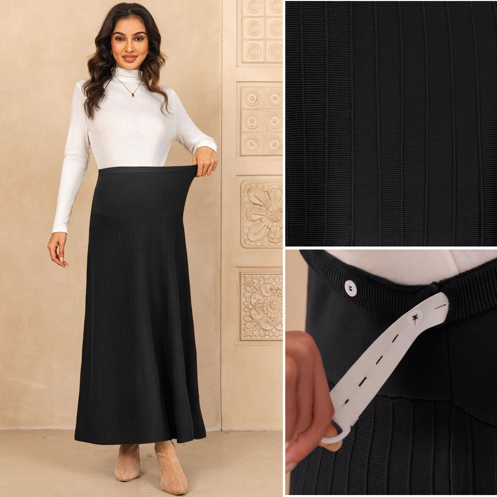 Maternity Skirt Over Belly Midi High Waist Solid Work Skirt Large Black