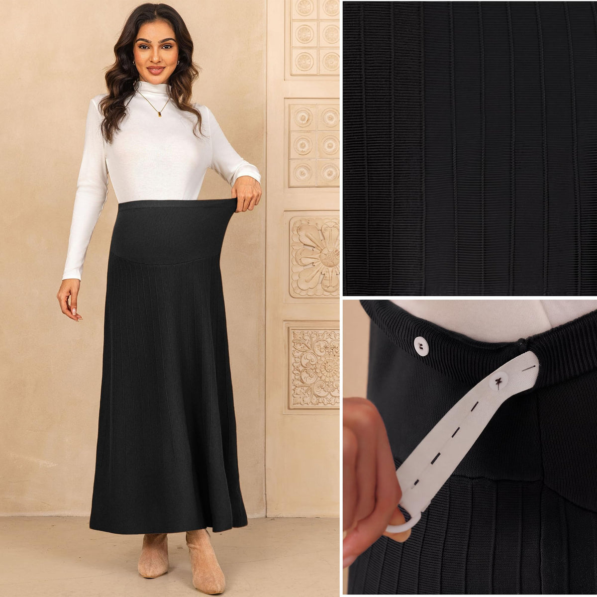 Maternity Skirt Over Belly Midi High Waist Solid Work Skirt Large Black