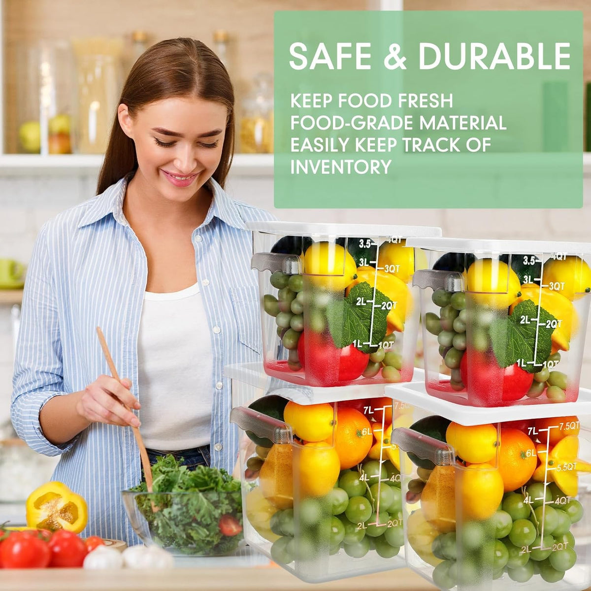 4 Pcs 8qt & 4qt Clear Food Storage Containers with Lids Handles and Scales, Stackable Plastic Square Food Storage