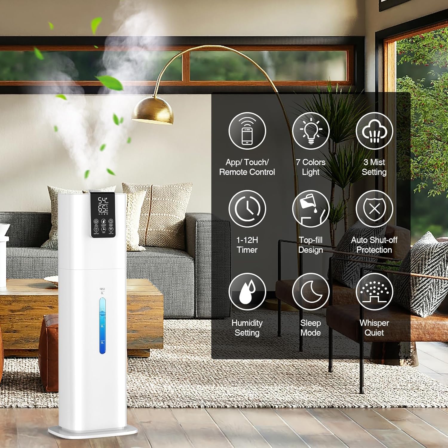 8L/2.1 Gal Smart Humidifier Large Room, Top Fill Cool Mist Humidifiers for Bedroom with App & Remote Control, Night