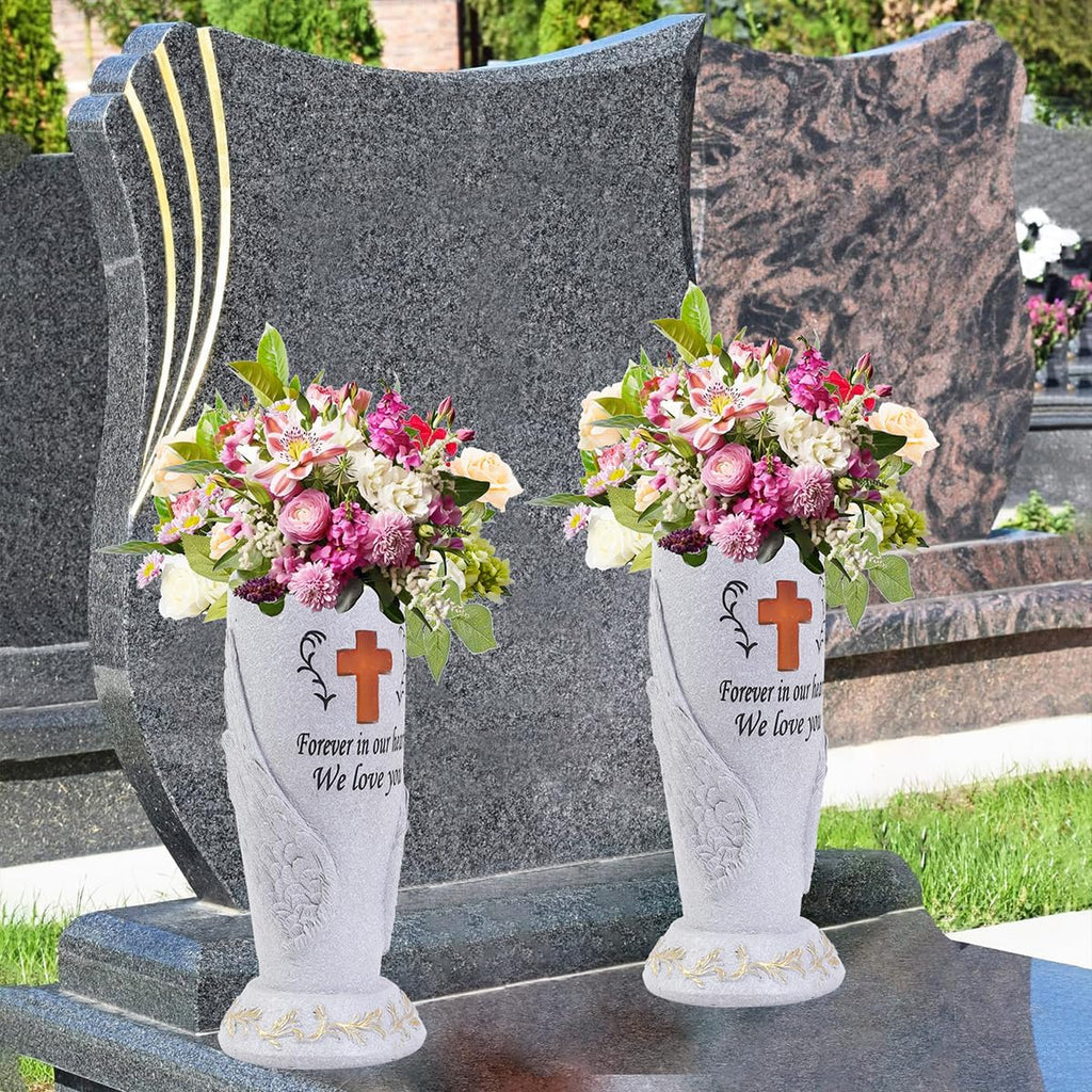 Cemetery Grave Flower Vase,Cometery Decorations for Grave,Angel Vases with Spike，Angel Wings and Cross Solar Light