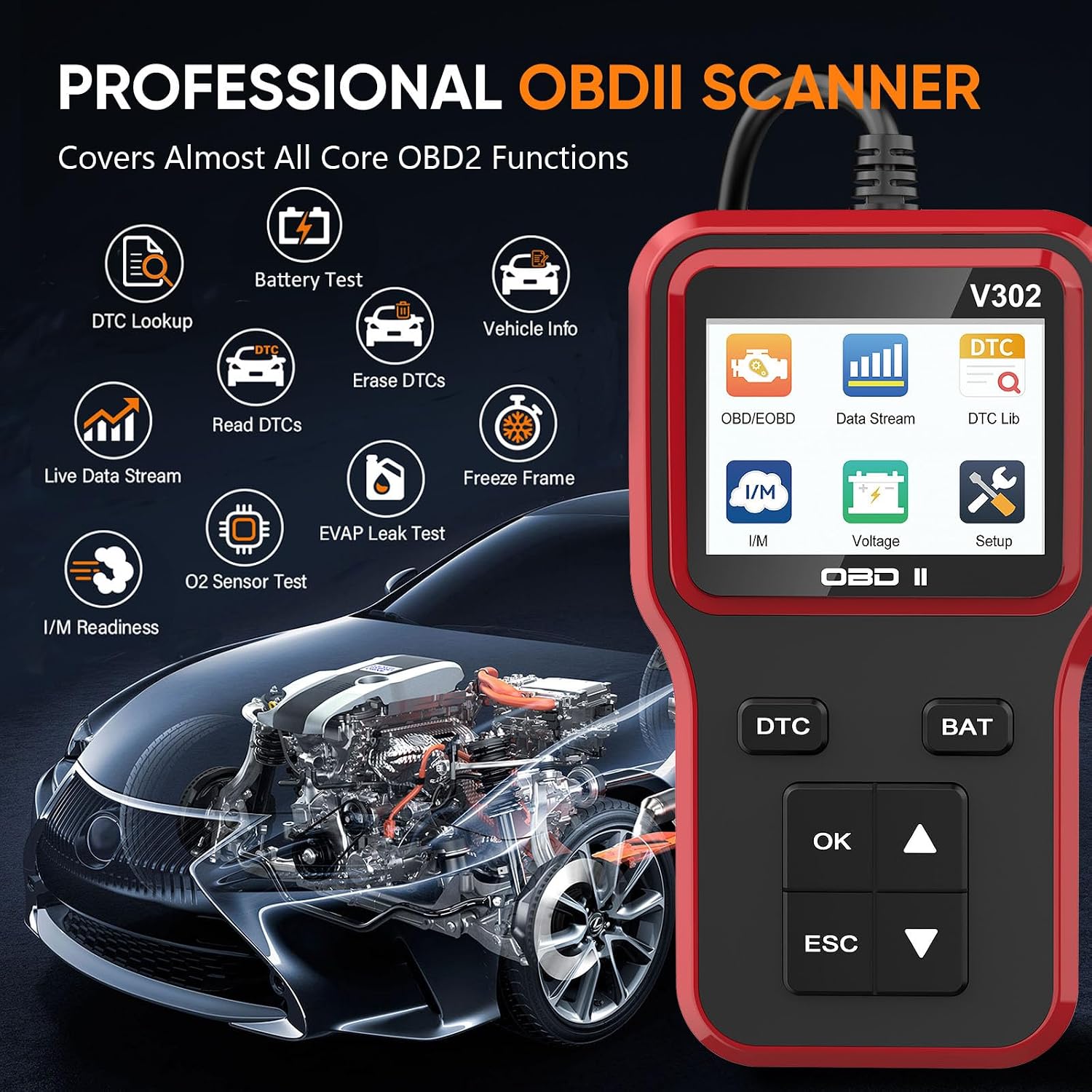 OBD2 Scanner with Battery Tester - Vehicle Code Reader for Check Engine Light, Plug and Play, Car Scanner Diagnostic