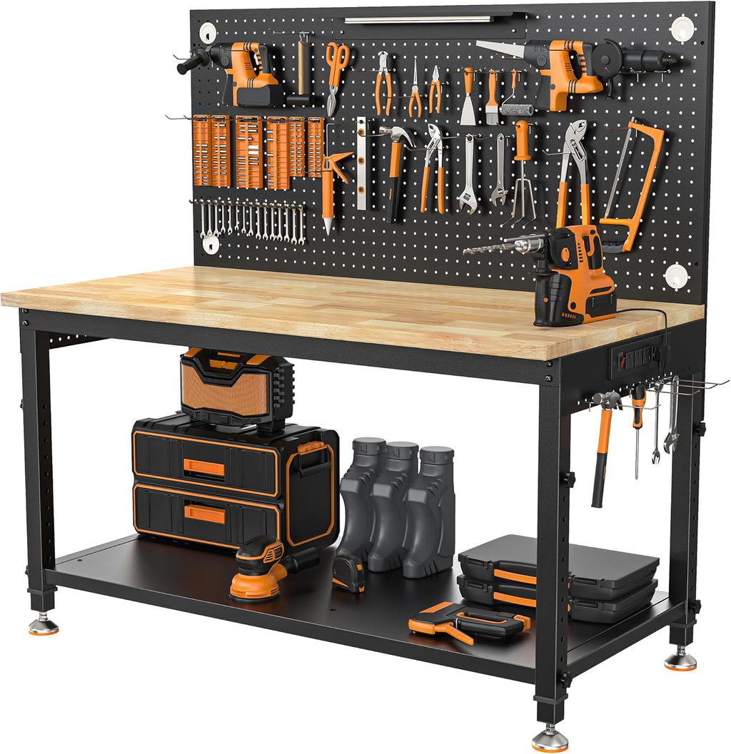 48x24 Inch Garage Work Bench with Storage, Pegboard & Power Strip | Heavy Duty Adjustable Workbench With 2000 lb