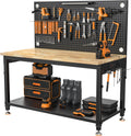 48x24 Inch Garage Work Bench with Storage, Pegboard & Power Strip | Heavy Duty Adjustable Workbench With 2000 lb