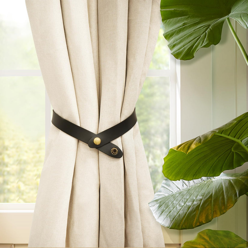 PU Leather Curtain Tiebacks, No Drill Holdbacks, Black, 4 Pack