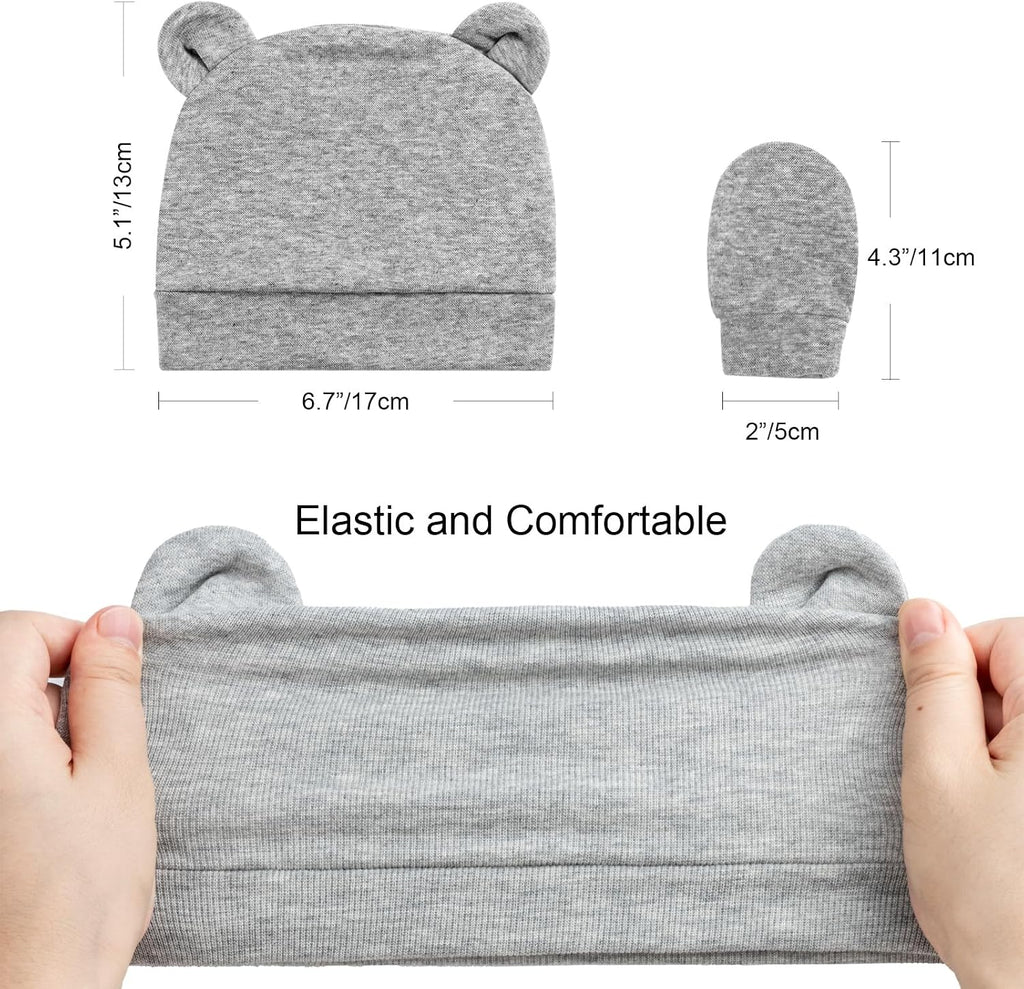 Newborn Baby Hat and Mittens Set Bear Ears Toddler Infant Beanie Caps Newborn Hospital Hat for Baby Boy Girl 0-3 Months