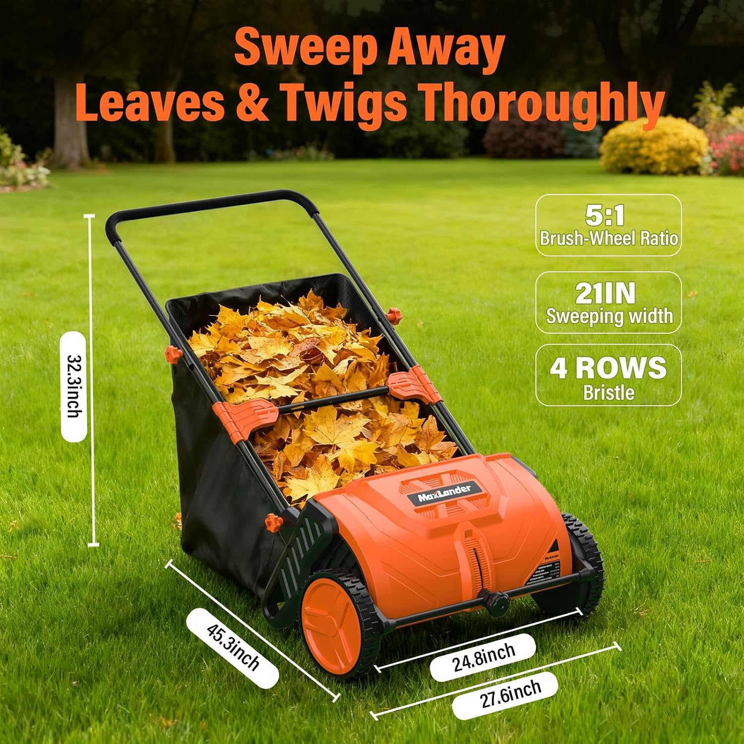 21-Inch Push Lawn Sweeper, Manual Yard Leaf Sweeper with Adjustable Height and 3.5 Cu. Ft. Large Hopper, Walk-Behind