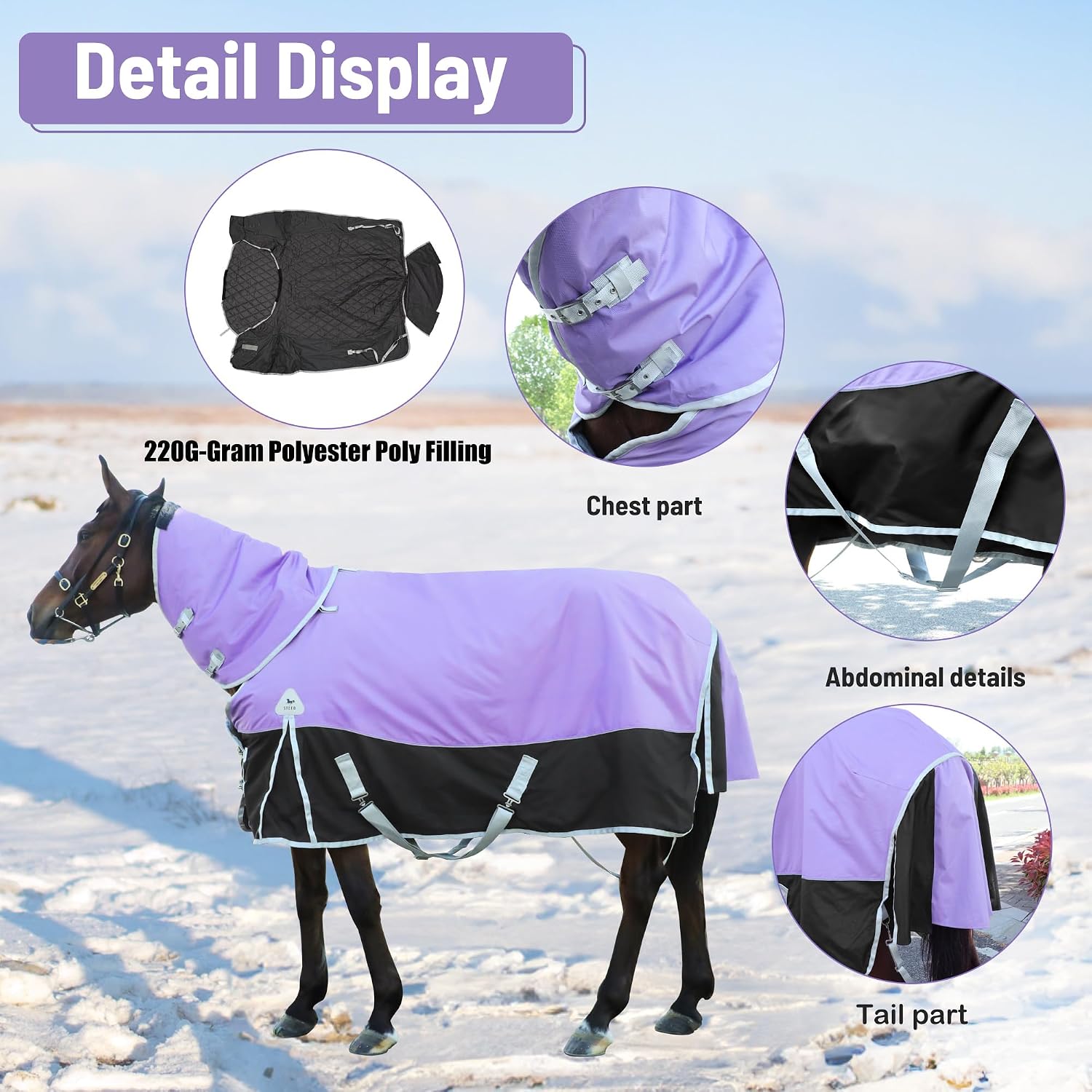 Horse Turnout Blankets Horse Blanket Winter Water Resistant,220G-Gram Polyester Poly Filling Liner 1200D Premium