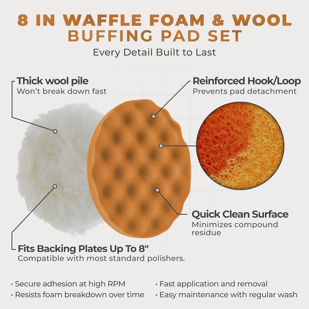 Professional 6 Pad Buffing & Polishing Kit, 5 Waffle Foam & | 1 Wool Grip Pad for Car Detailing - Complete 8 inch