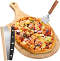 3 Pcs Round Pizza Stone Set, 12" x 17" Bamboo Pizza Peel with Foldable Wooden Handle & Rocker Cutter Addle Cutting