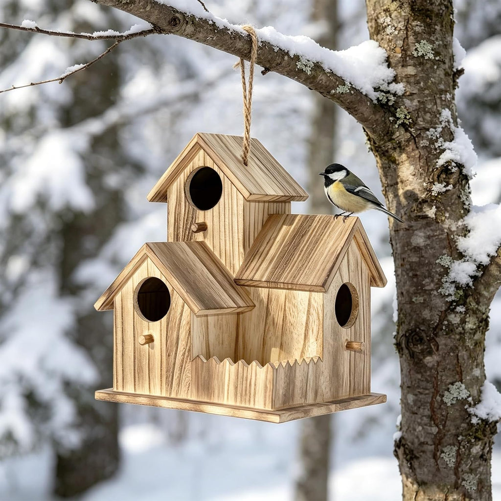 Large Wooden Bird House for Outside, 3-Hole Birdhouse, Outdoor Bird Nesting Box for Bluebird Chickadee Finch Wren