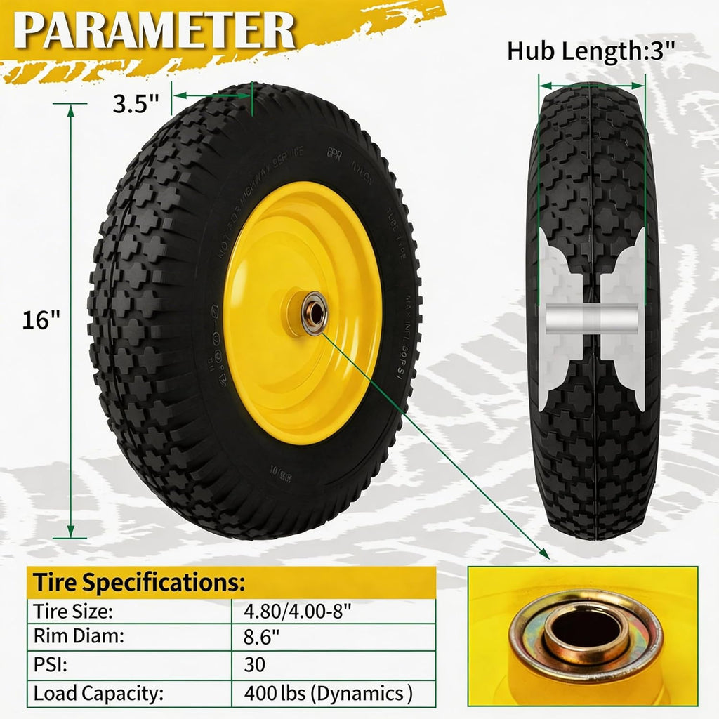 4.80/4.00-8 Pneumatic Tires, 16" Wheelbarrow Tire and Wheel 400LB Capacity, with 5/8" & 3/4" Bushing Kit