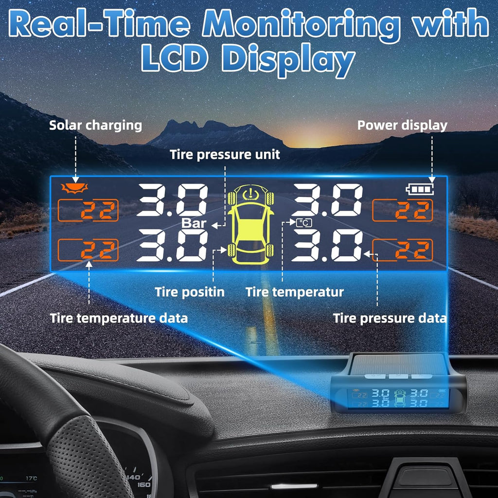 Tire Pressure Monitoring System with Solar Charge, TPMS Sensors Set of 4 | TPMS with 4 External sensors & 5 Alarm