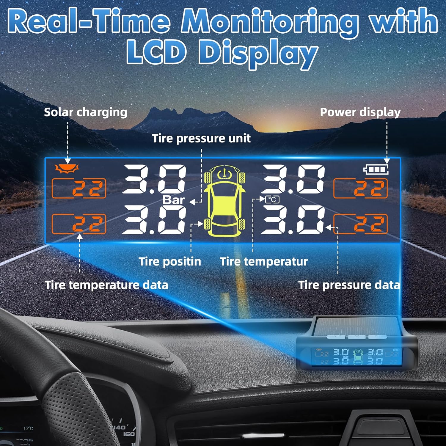 Tire Pressure Monitoring System with Solar Charge, TPMS Sensors Set of 4 | TPMS with 4 External sensors & 5 Alarm